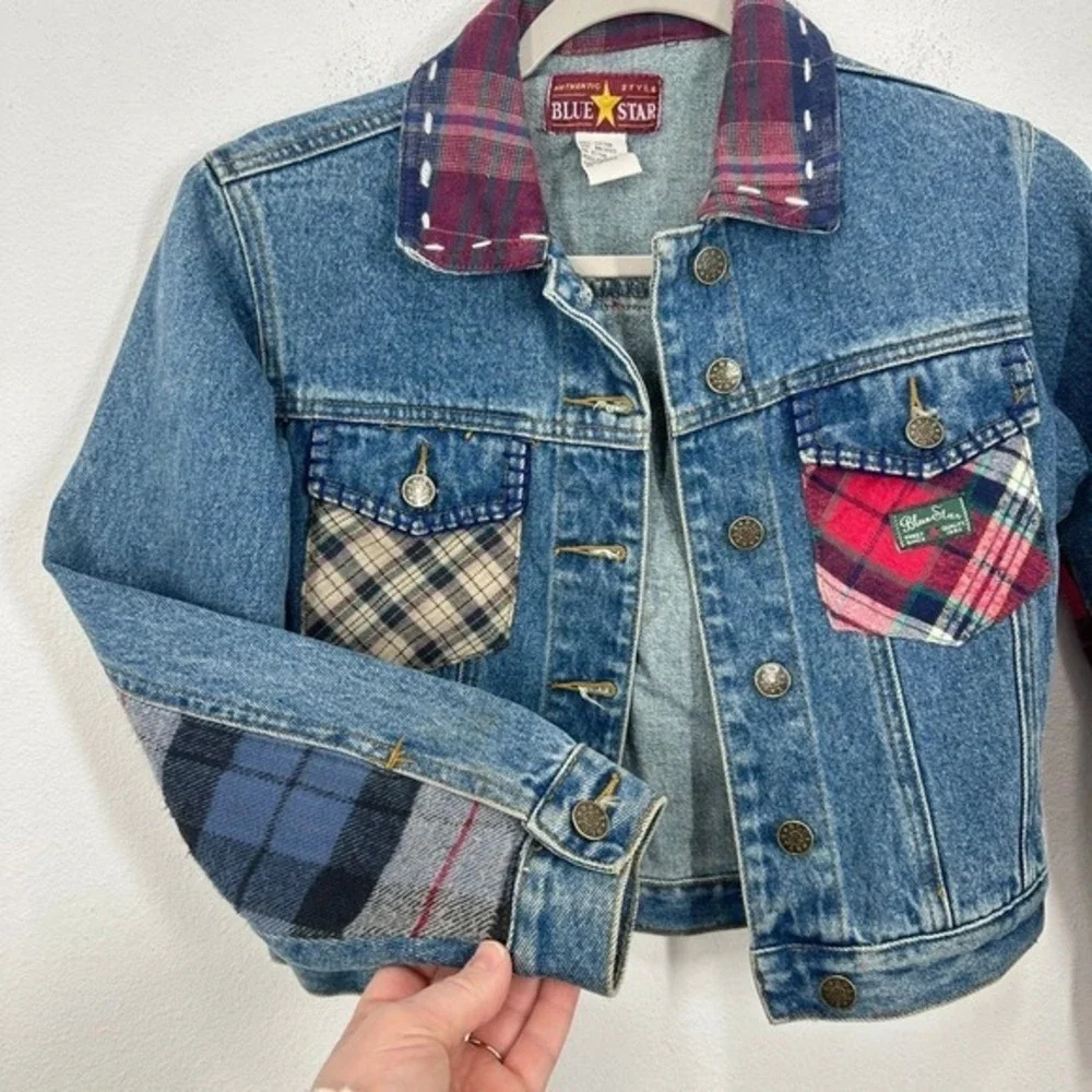 Blue Star Kids Denim Jacket Plaid Patchwork Embellished Collar Cuffs Size Medium